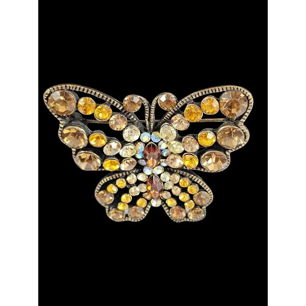 Vintage Butterfly Brooch Amber Yellow Rhinestone Gold Tone Statement Pin